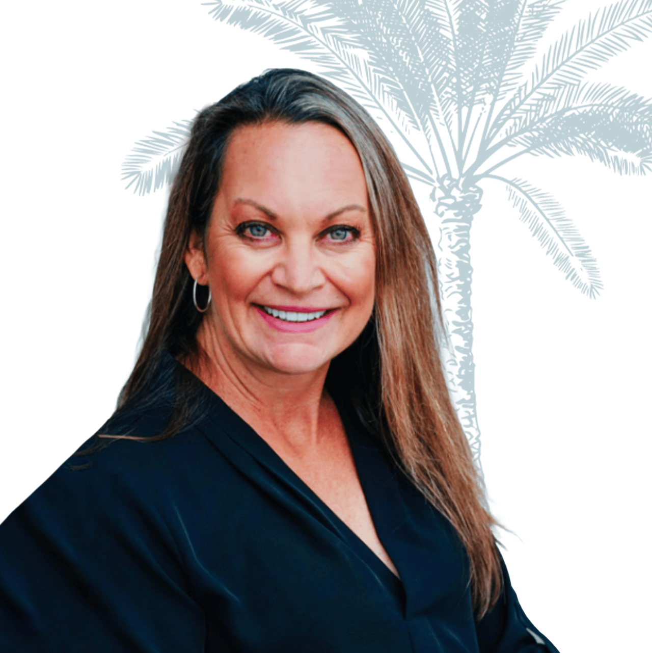 Susan Cole smiling in a dark blazer, with a pale palm tree illustration behind her.