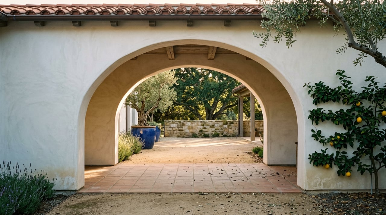 White stucco archway opens onto a sunlit courtyard with terra cotta paving, an olive tree, and lemon branches.