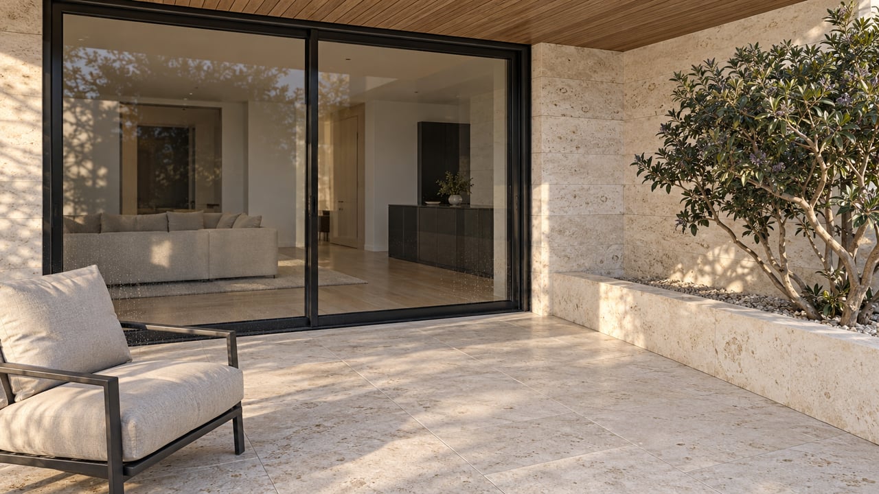 Limestone condominium terrace with black-framed glass doors, warm wood soffit, one outdoor lounge chair and a sculptural Texas mountain laurel.