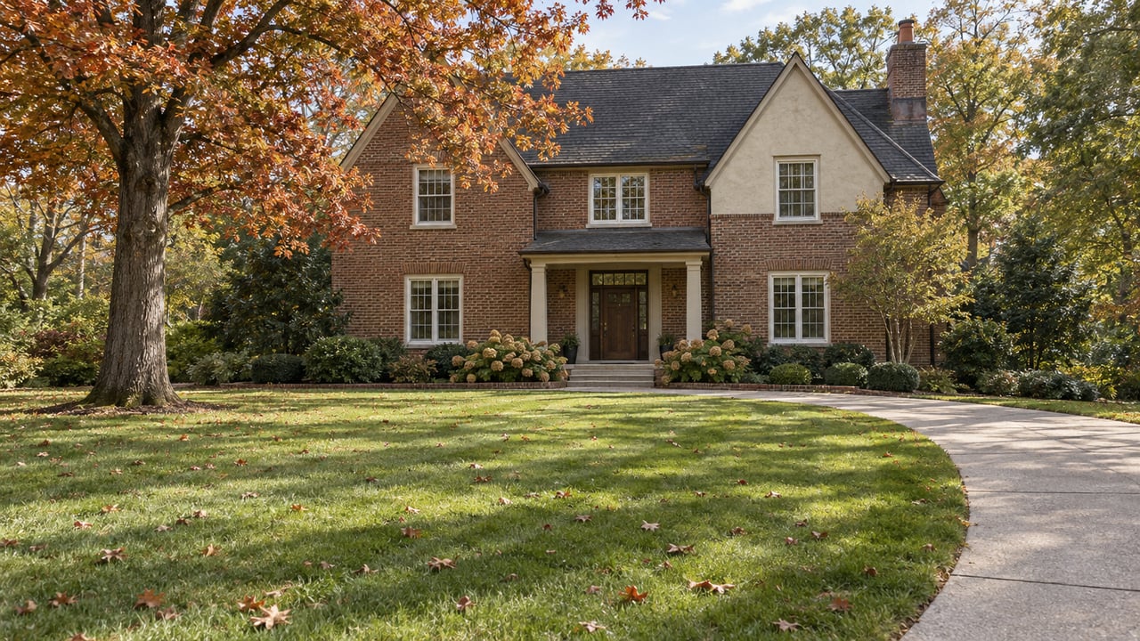 A brick and cream-stucco home with a steep gabled roof, broad autumn lawn, curved drive and mature oak.