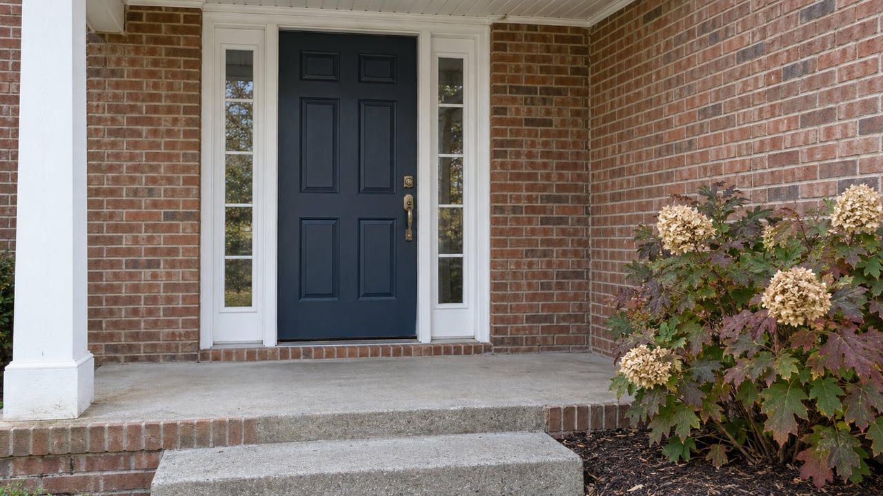 Close view of a navy front door with paired sidelights, reddish-brown brick, a white portico column and autumn oakleaf hydrangea beside concrete steps.