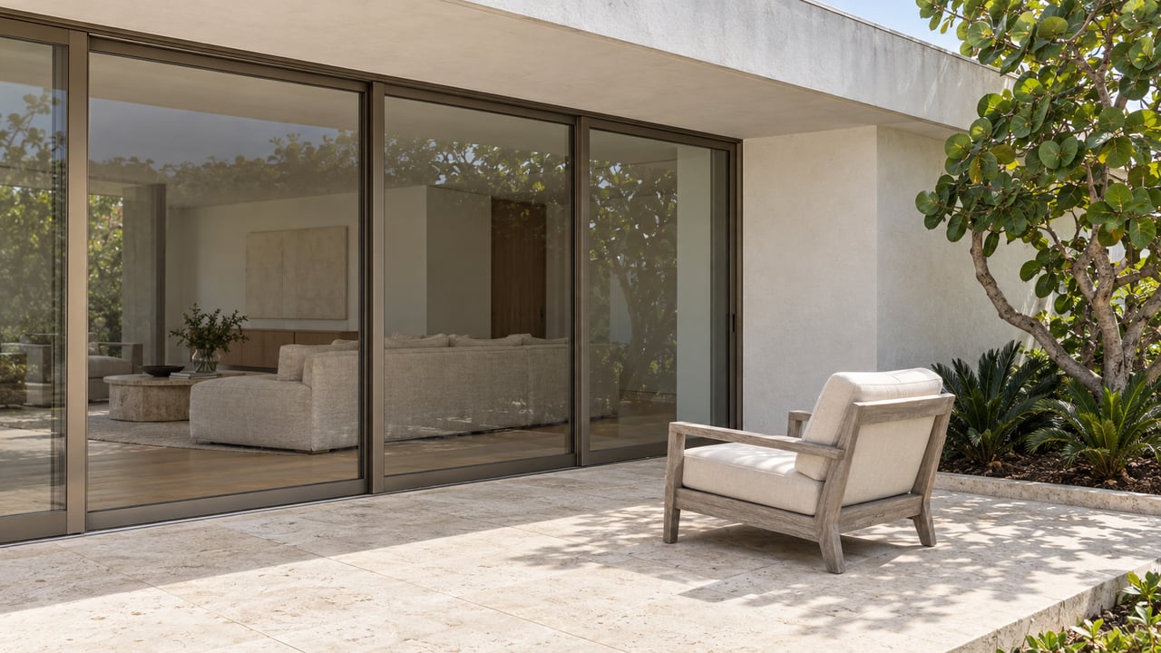 Contemporary home's shaded glass doors and limestone terrace beside a teak lounge chair and sculptural native planting.