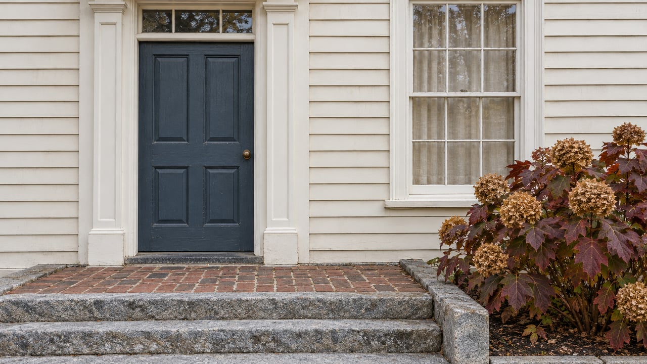 Historic clapboard home entrance with a blue-gray door, divided-light window, worn granite steps, brick landing, and autumn oakleaf hydrangea.