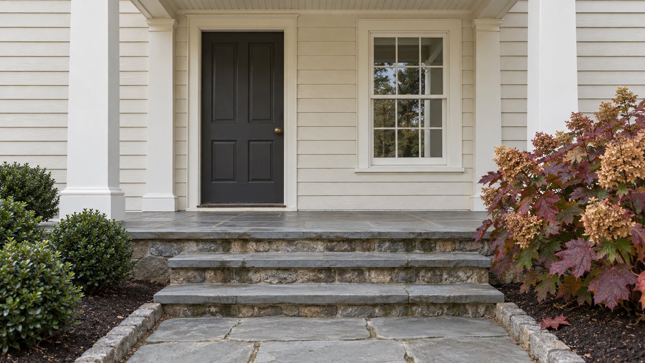 Cream clapboard home with a charcoal front door, covered porch, bluestone steps, and autumn oakleaf hydrangea.