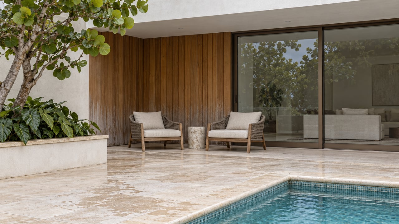 Covered residential terrace with warm timber, woven lounge chairs, limestone paving and a turquoise pool corner beside tropical planting.