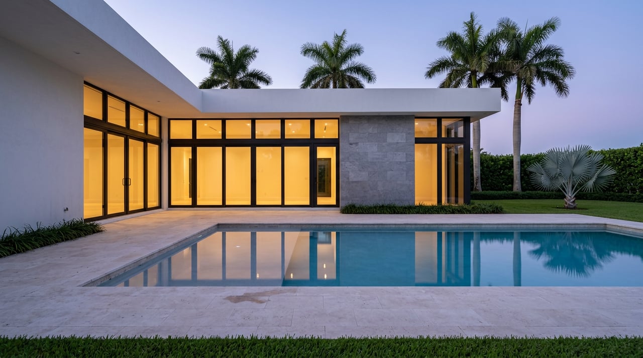 Modern waterfront home with warm-lit glass walls, a reflecting pool, travertine deck, and palms at dusk.