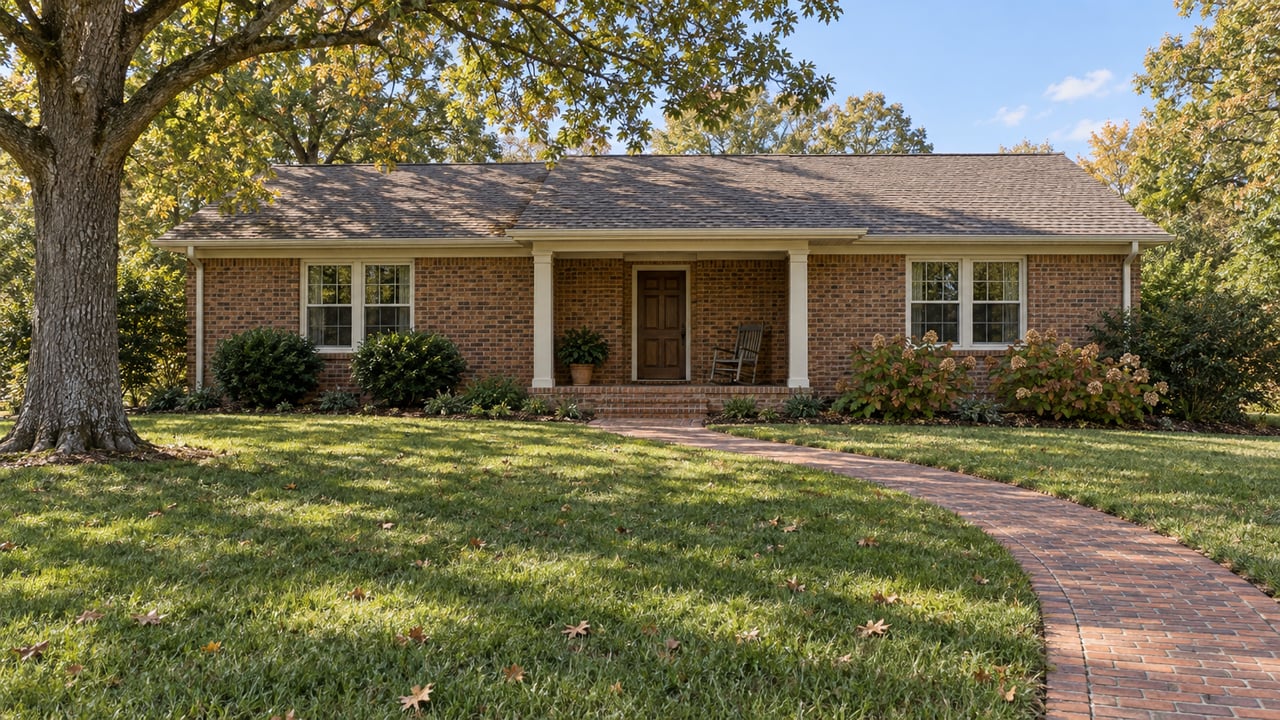 Brick ranch home with a recessed front porch, deep lawn, mature white oak and autumn hydrangeas.