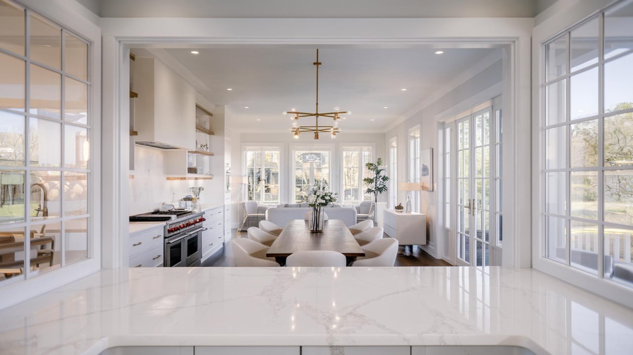 Bright open-plan kitchen and dining room with a white marble island, long table, and tall grid windows.