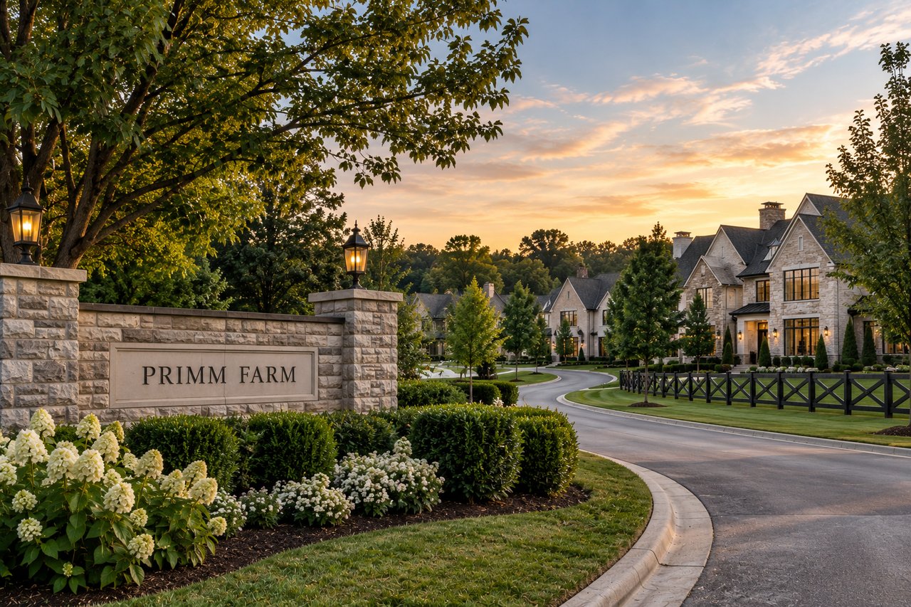 Luxury homes in Primm Farm, Tennessee, featuring elegant architecture, spacious properties, manicured landscaping, mature trees, and a peaceful upscale neighborhood setting.