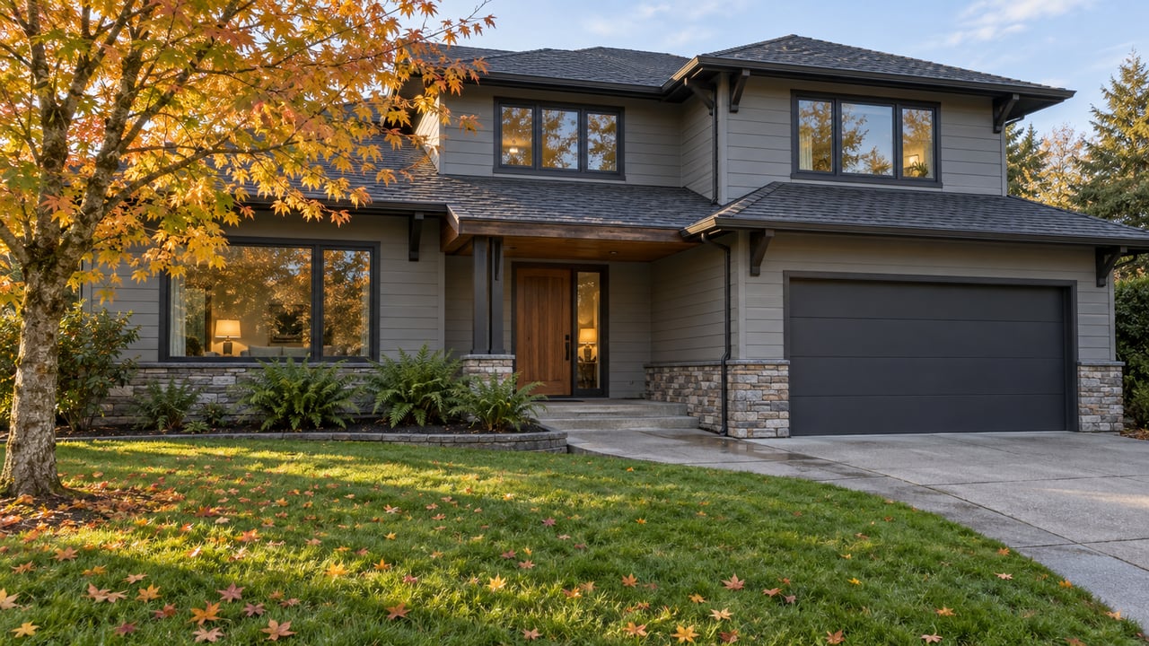 Established two-story home with gray siding, cedar entry, deep autumn lawn and a yellow-orange maple.