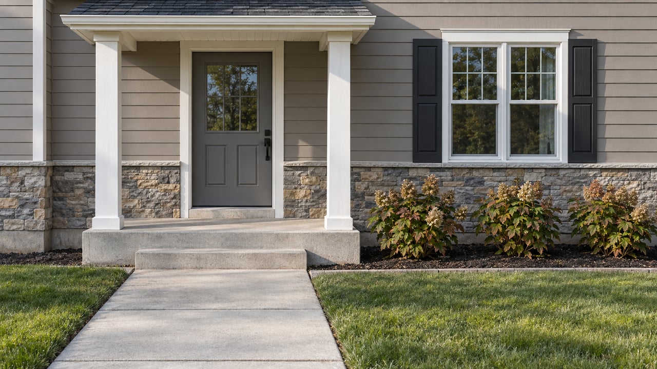 Sunlit taupe-sided home entry with paired white porch posts, stone wainscot, hydrangeas and a concrete approach.