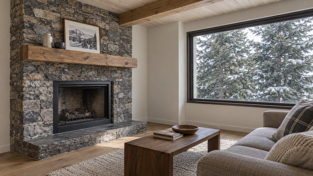 Condominium living room with a stacked-stone fireplace, taupe sofa, and snow-dusted spruce visible through a window.