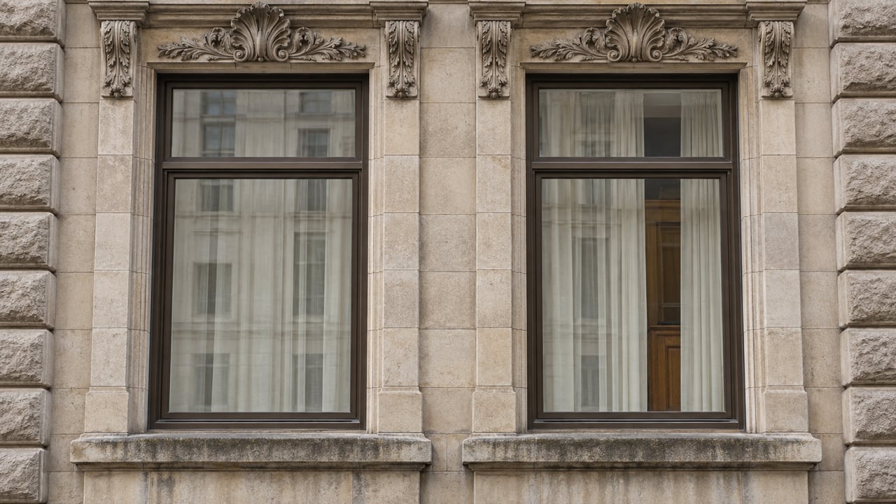 Paired bronze-framed residential windows beneath carved limestone lintels, with softly weathered stone and ivory curtains.