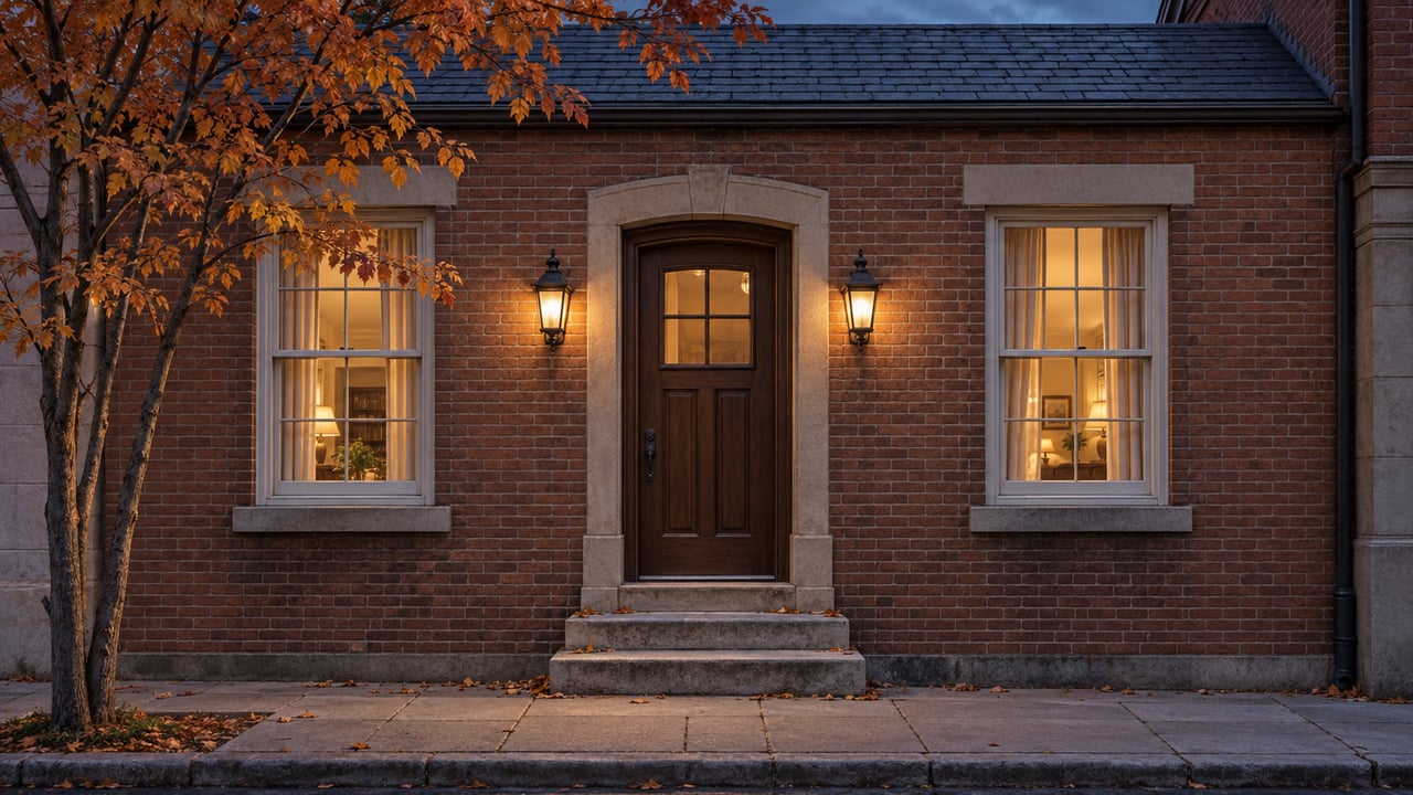 Brick townhouse with an arched wood door, flanking lanterns, lit windows, and copper-orange leaves overhead.