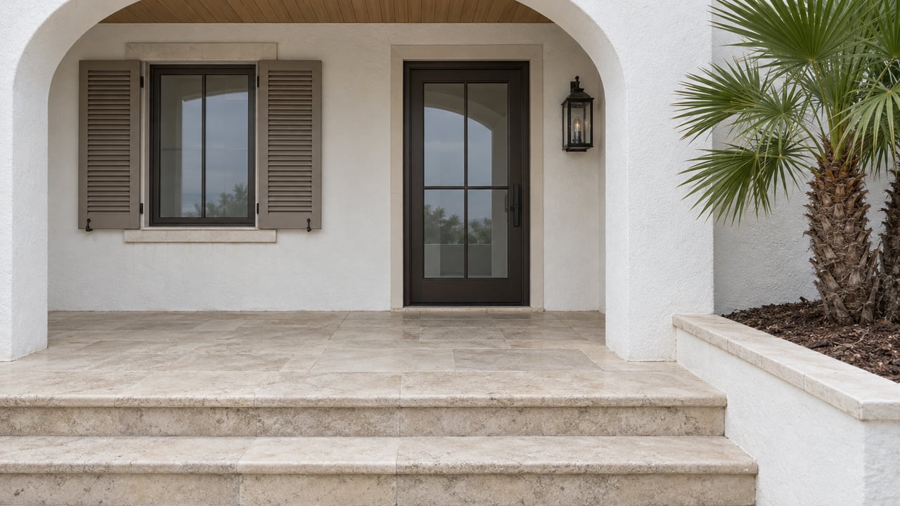 White masonry home entrance with a recessed arched porch, dark glazed door, taupe shutters and limestone steps beside a fan palm.