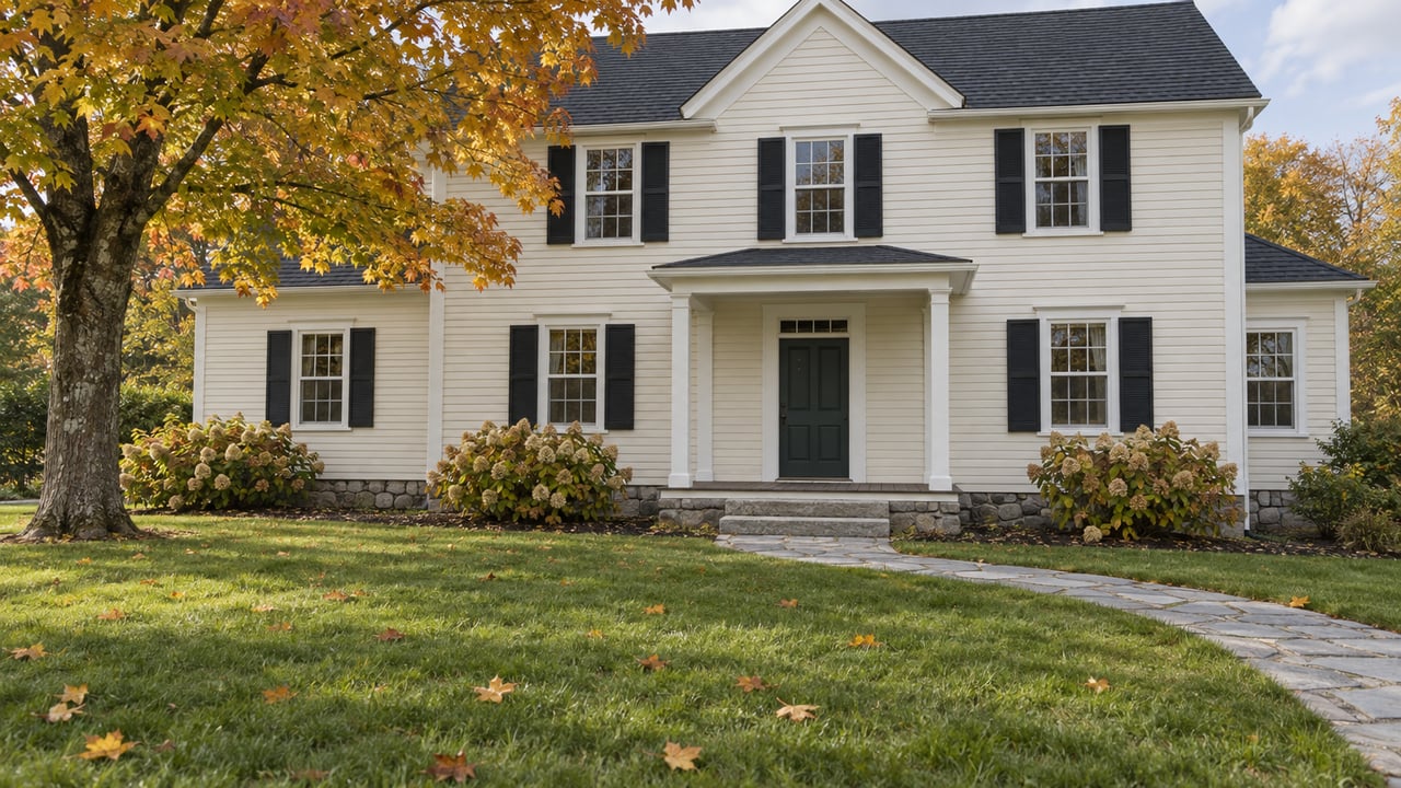 Ivory clapboard house with black shutters, a granite front walk, and a golden maple above a broad autumn lawn.