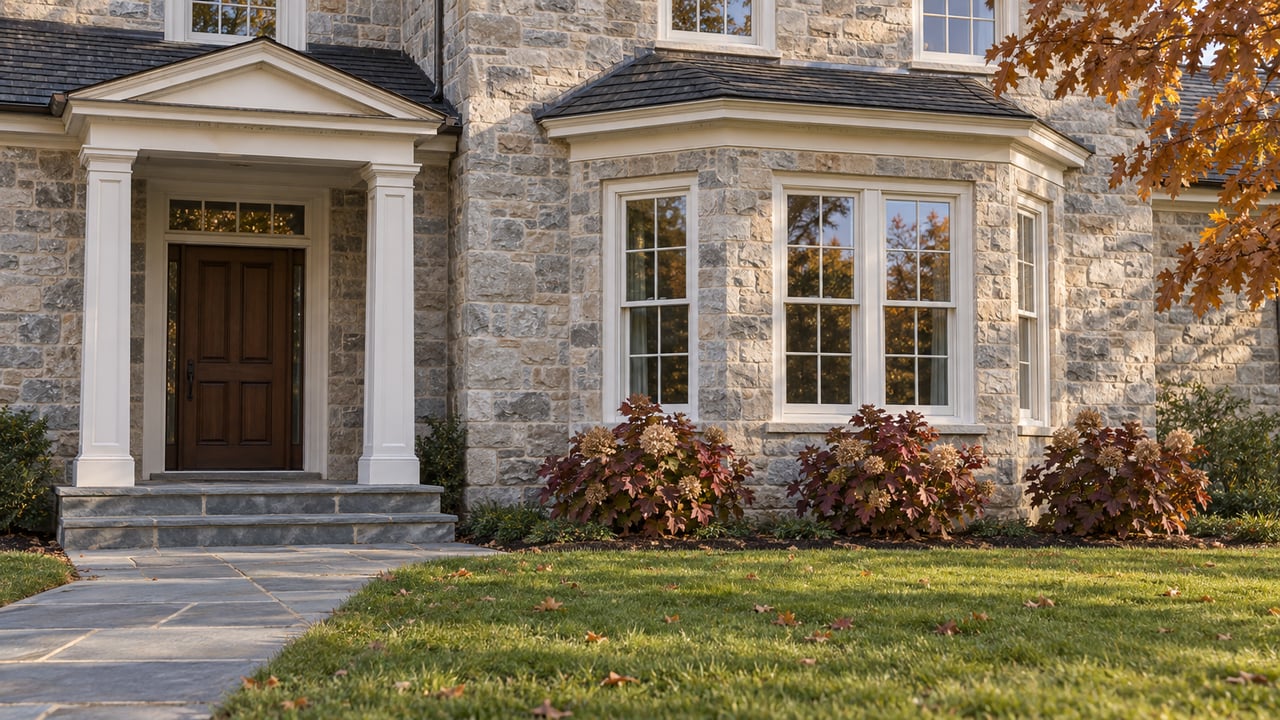 Stone-clad home with white sash windows, a recessed oak entry, bluestone approach and autumn oakleaf hydrangeas.
