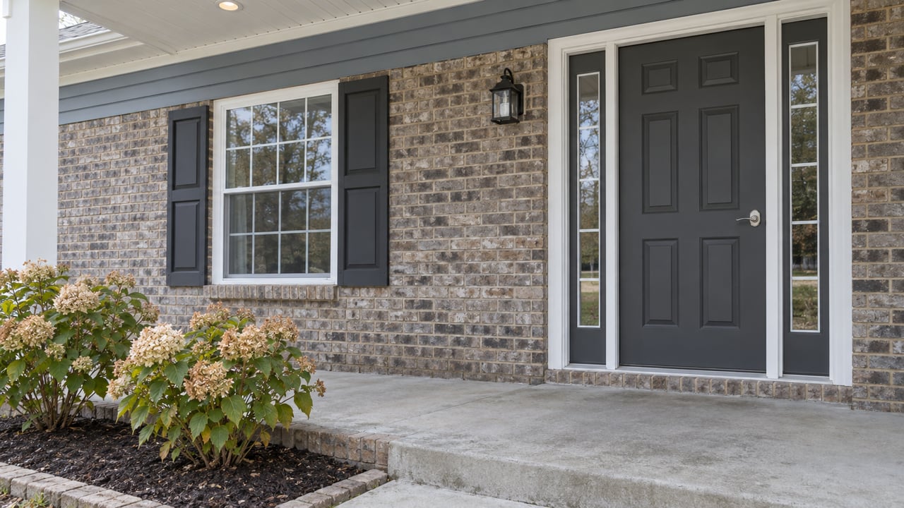 Covered front porch with a charcoal entry door, white trim, gray-brown brick and two hydrangeas beside a concrete step.