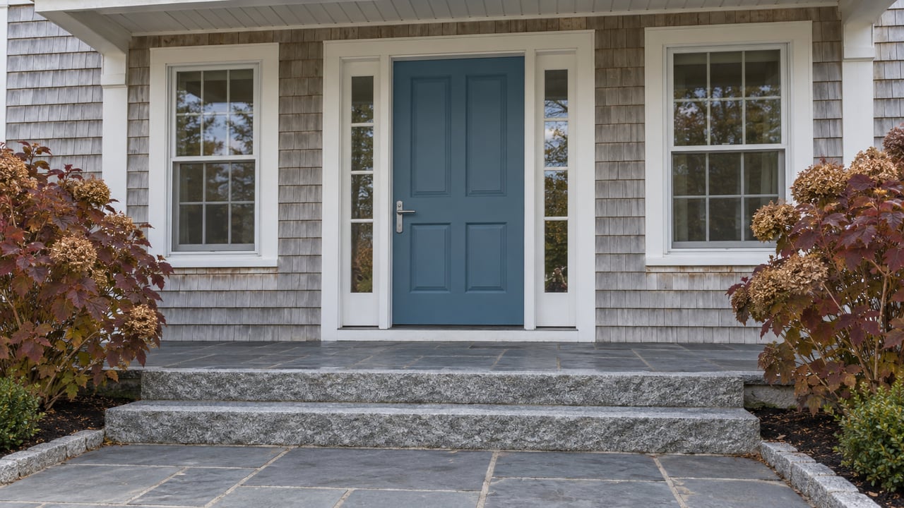 Weathered cedar-shingle home entry with a sea-blue door, white-trimmed windows, dark slate landing and broad granite steps.
