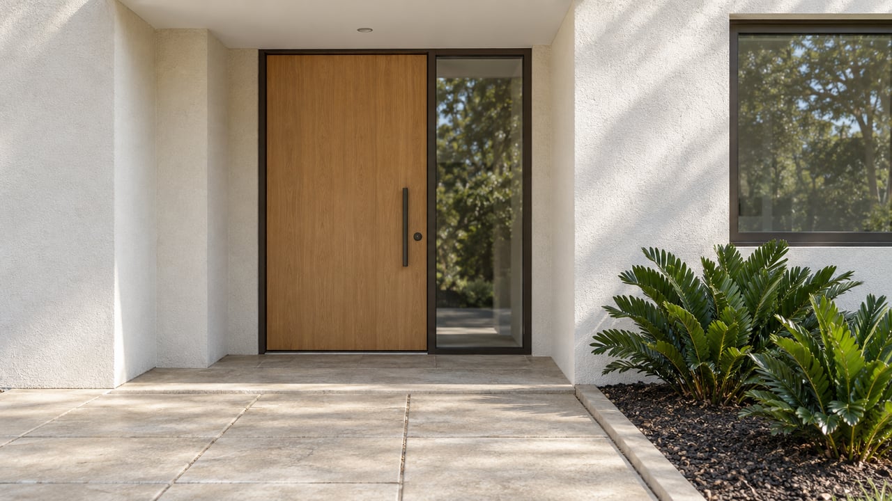Recessed oak front door with a dark-framed sidelight, limestone-colored pavers, and two low cycads.
