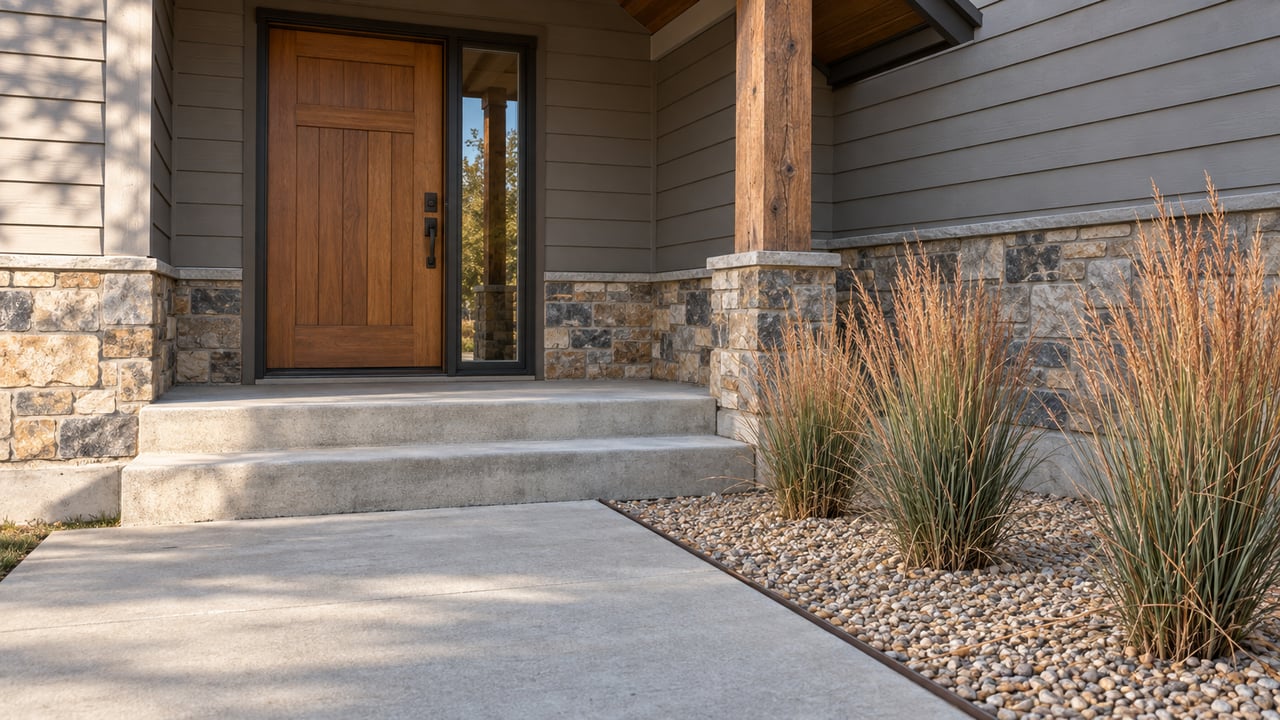 Gabled porch with a timber door, concrete steps, stone base, and three grass clumps in a gravel bed.
