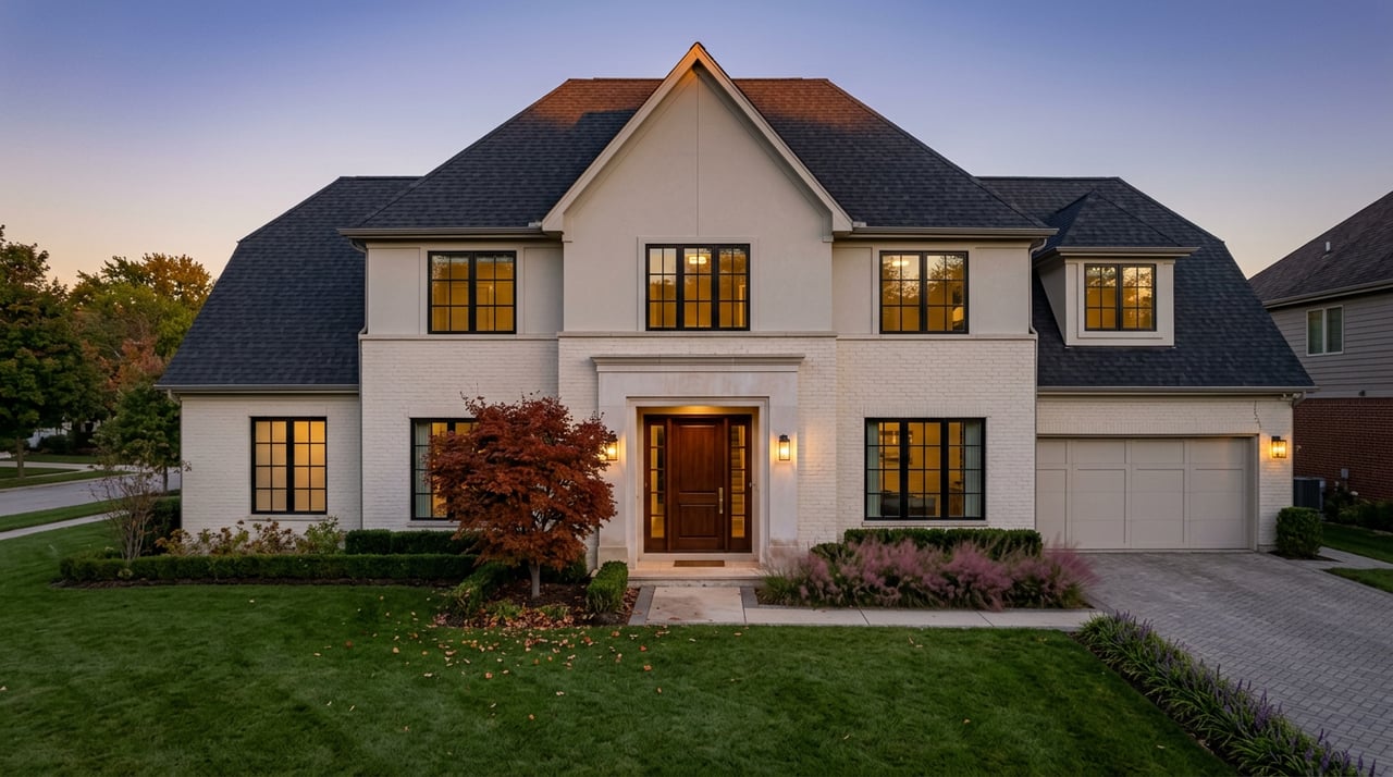 Two-story pale brick and stucco home glowing at twilight, with a red-orange Japanese maple and broad front lawn.