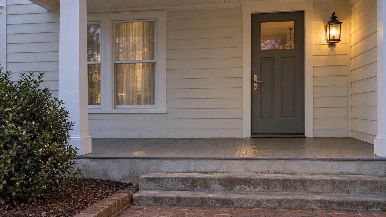 House entrance with a dark front door, curtained window, and lit porch lantern.