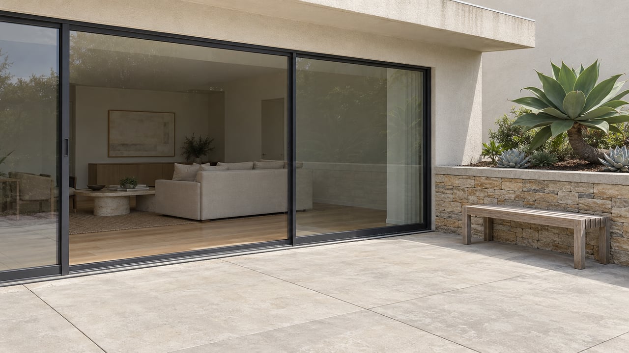 Cream stucco home with closed dark-framed sliding glass, pale concrete terrace, a weathered teak bench and sculptural succulents in a raised stone planter.