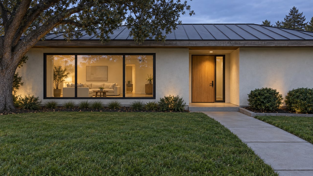 Low-roofed pale stucco home with warm window light, a broad lawn, concrete approach and mature oak at dusk.