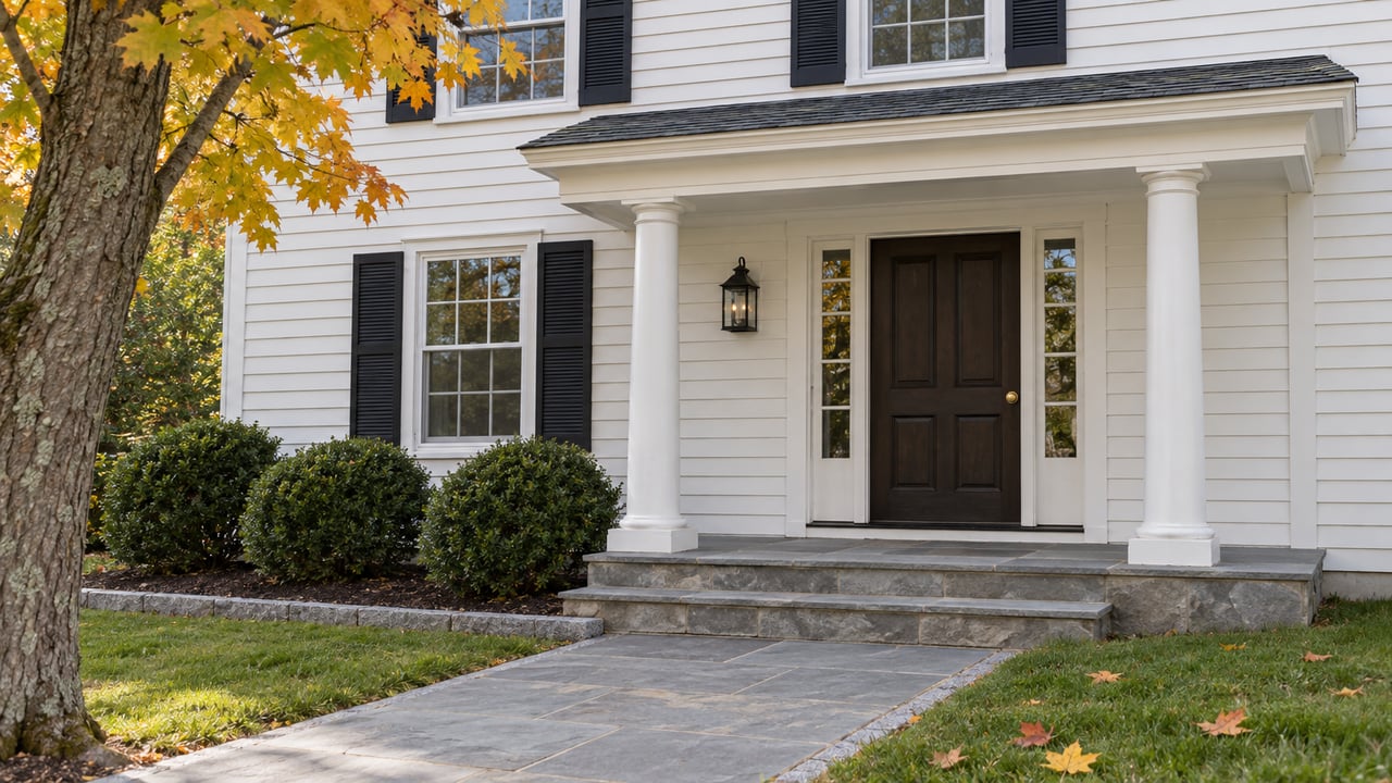 White clapboard house entry with black shutters, white columns, stone steps, and autumn leaves.