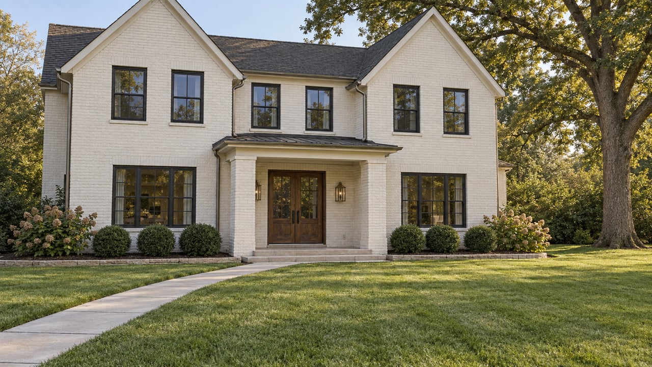Warm-white two-story brick home with paired wood entry doors, dark windows, a deep green front lawn and a mature oak.
