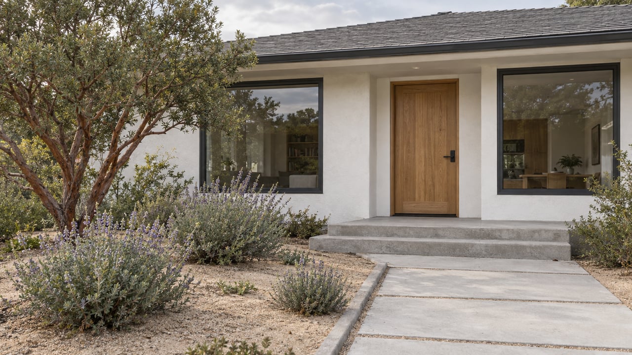 White plaster cottage with an oak front door, charcoal-framed windows and a sandy garden of sculptural manzanita and black sage.