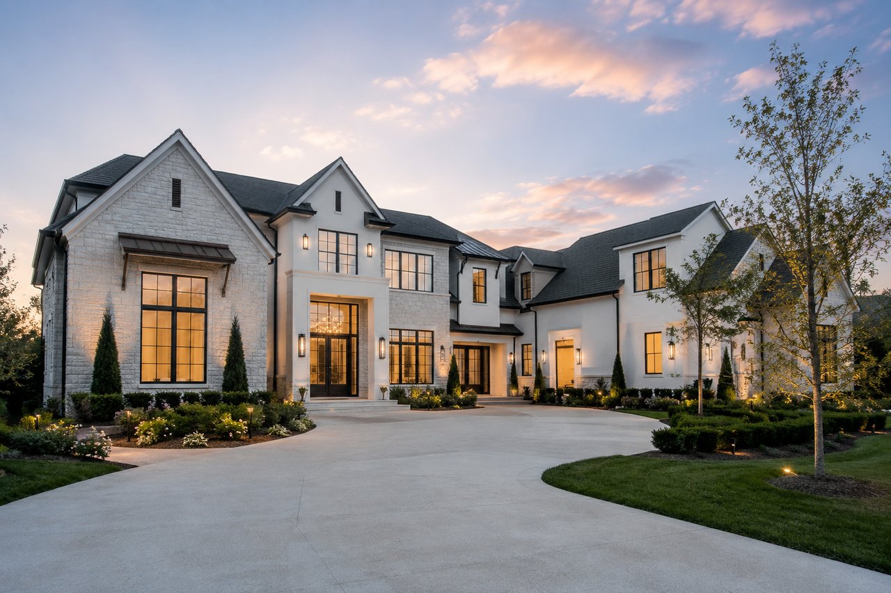 Horizontal exterior view of a luxury new construction home in Franklin, Tennessee, featuring timeless architecture, premium landscaping, expansive windows, and upscale curb appeal in a prestigious residential neighborhood.