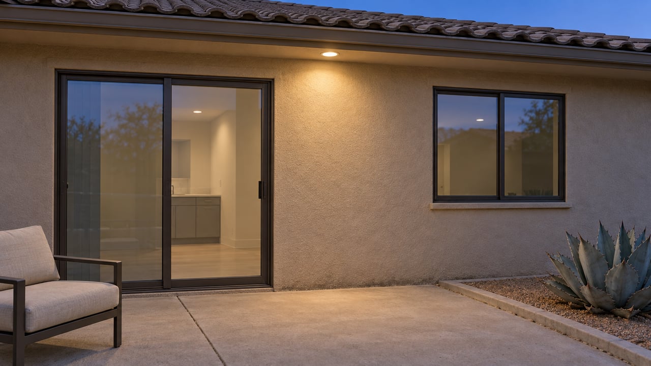 Blue-hour view of a warm stucco home's rear terrace, with closed bronze-framed glass doors, a cushioned outdoor chair, and one blue-gray agave beside concrete paving.