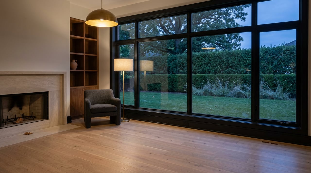 Great room with black-framed windows, brass lamp, charcoal chair, and blue-hour lawn beyond.