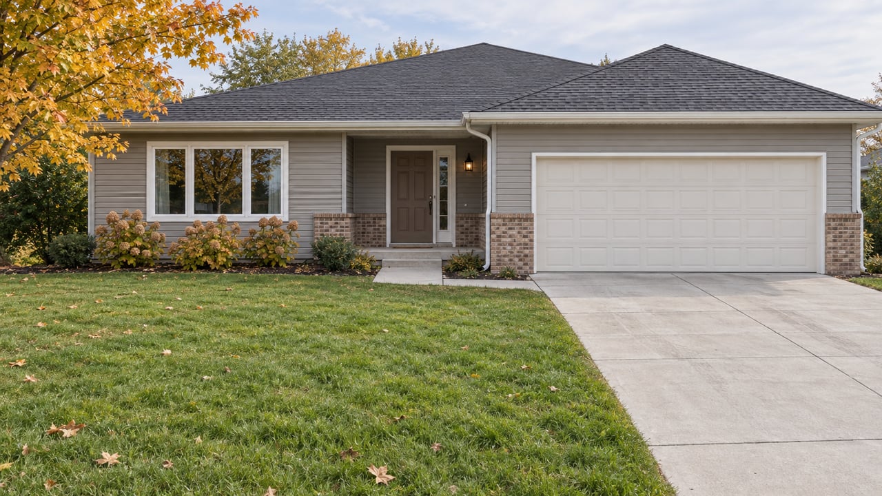 Updated gray-sided single-story home with an attached garage, deep lawn, and a maple tree in autumn color.