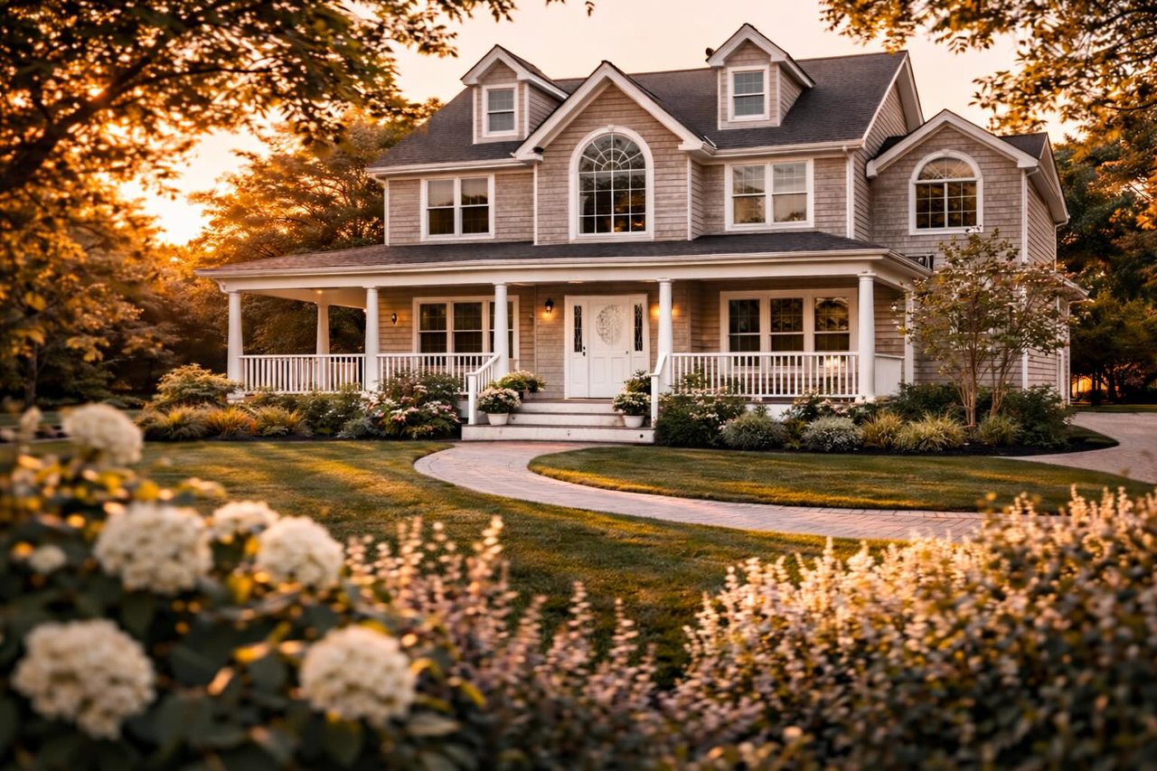 two story home in Cutchogue with large front porch and brick walkway
