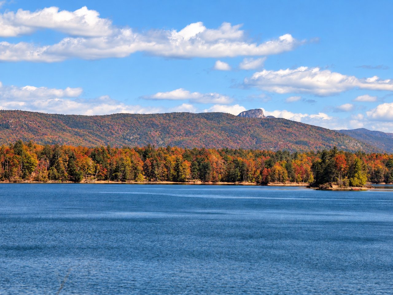 Fall foliage surrounding Lake James, NC, featuring colorful autumn trees, scenic Blue Ridge mountain views, and peaceful lake waters near Morganton and Nebo, North Carolina.