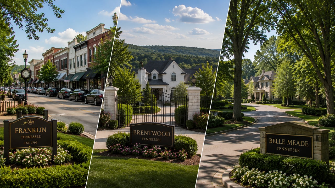 Comparison of Franklin, Brentwood, and Belle Meade, Tennessee, showcasing charming downtown Franklin, a luxury Brentwood estate, and an elegant tree-lined Belle Meade neighborhood.
