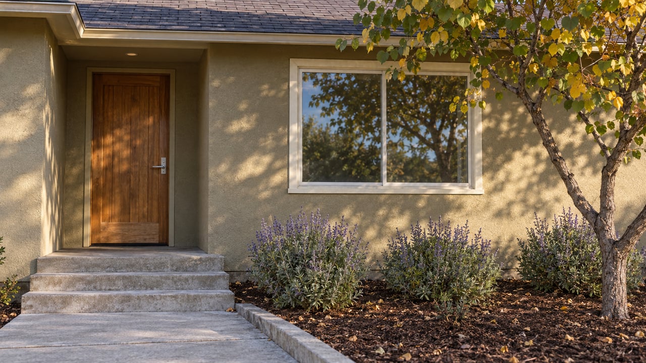 Home exterior with a recessed wooden door, concrete steps, and landscaped shrubs beneath a leafy tree.