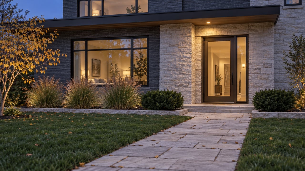 Two-story home with a limestone entry, warm-lit glass door, and paver path crossing a deep lawn.