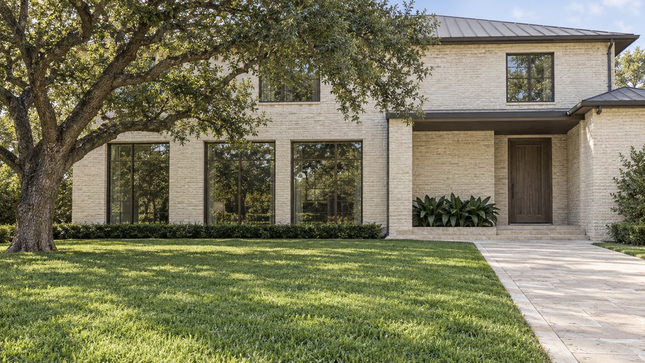 An ivory-brick home with bronze-framed windows and a recessed oak entry beyond a broad lawn and limestone approach, shaded by a mature live oak.