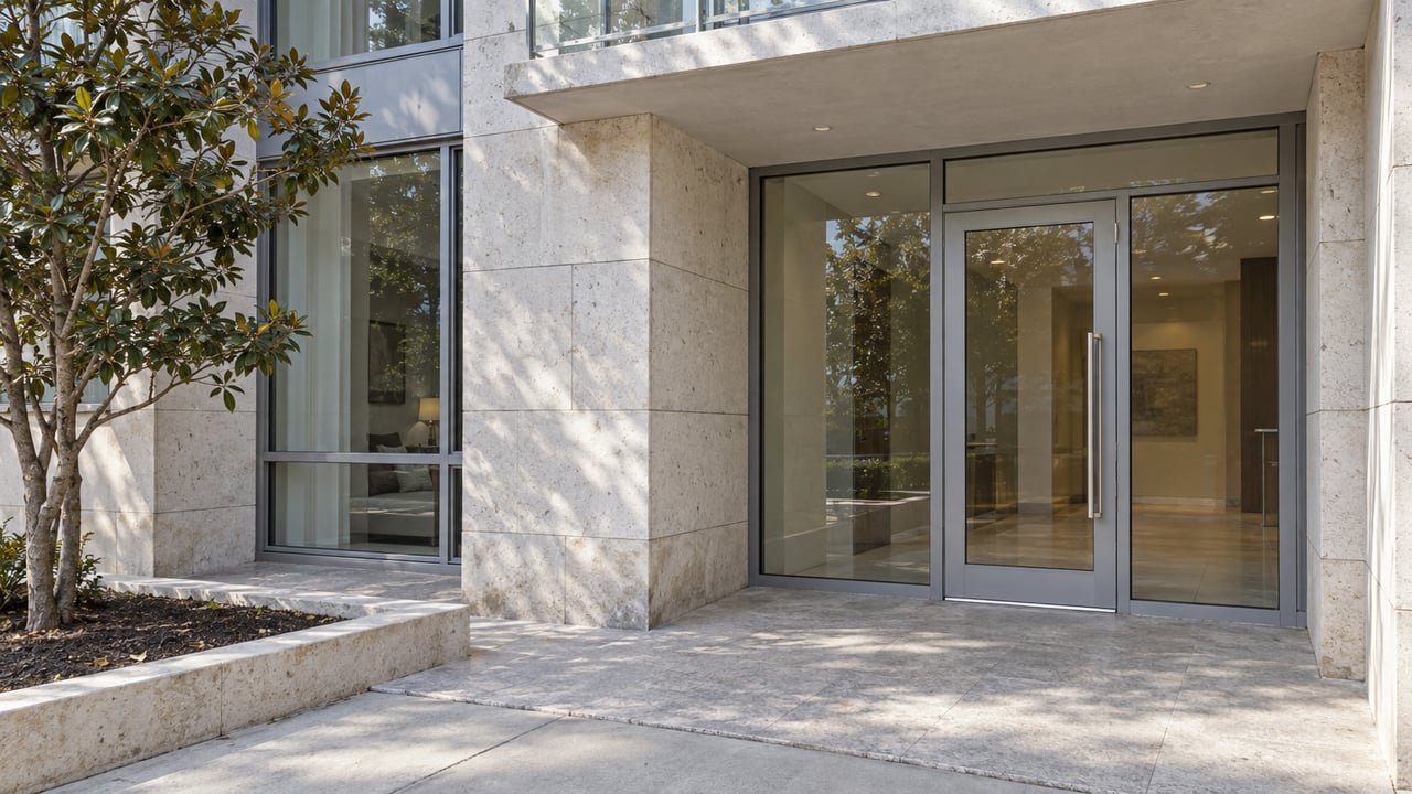 Glazed residential entrance beneath a concrete balcony, with pale limestone walls, a textured stone landing, and a sweetbay magnolia beside the sidewalk.