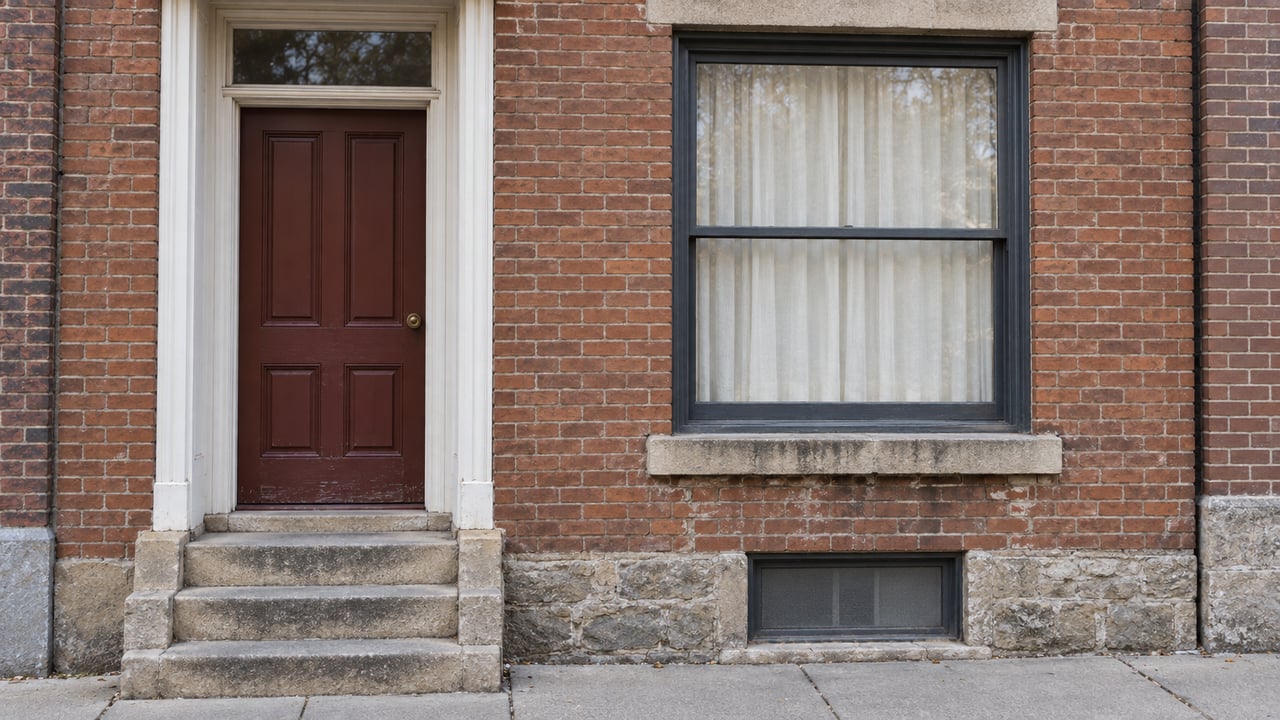 Russet brick rowhome entrance with an oxblood timber door, limestone steps, and a tall window with linen curtains.