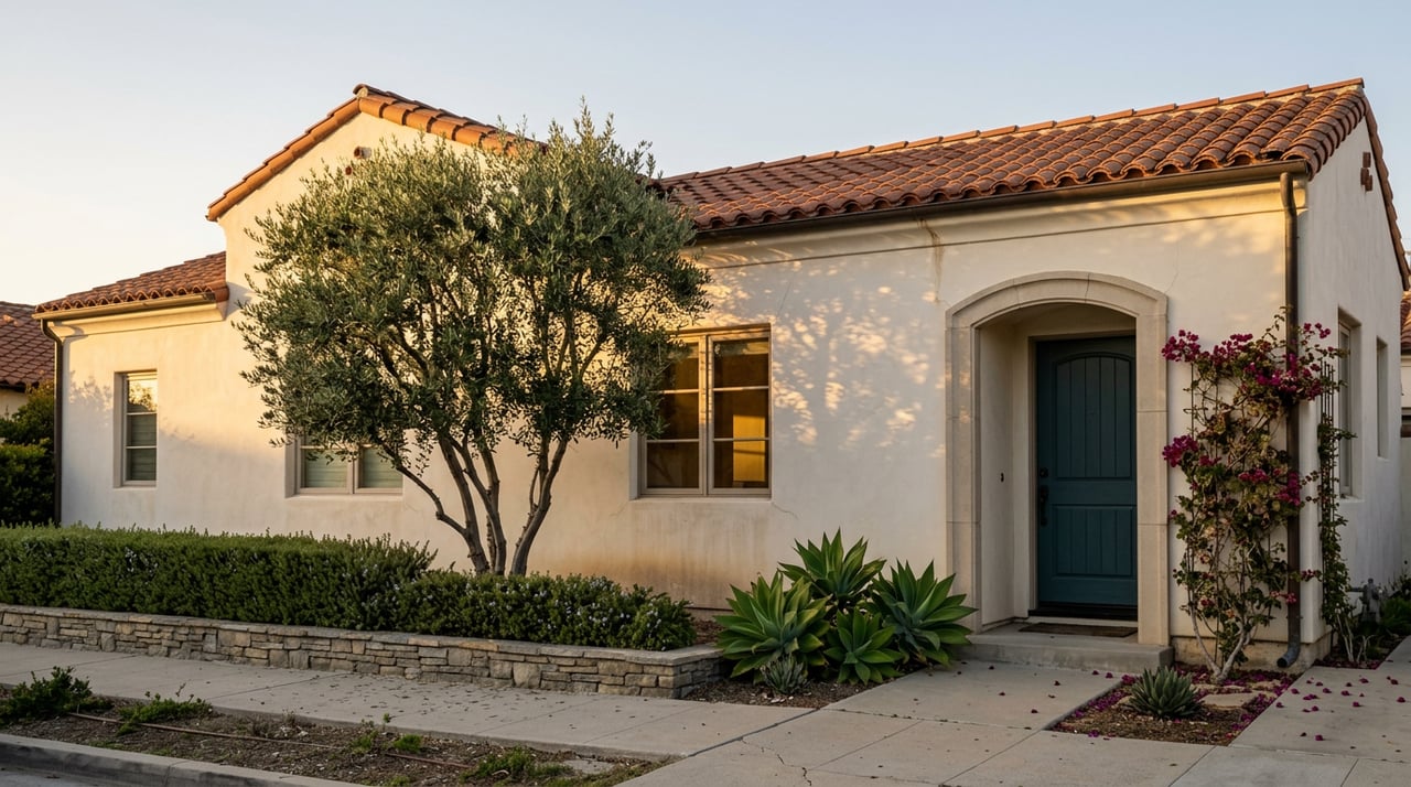Sand-white stucco bungalow with terracotta tiles, blue-green arched door, olive tree, and succulents.