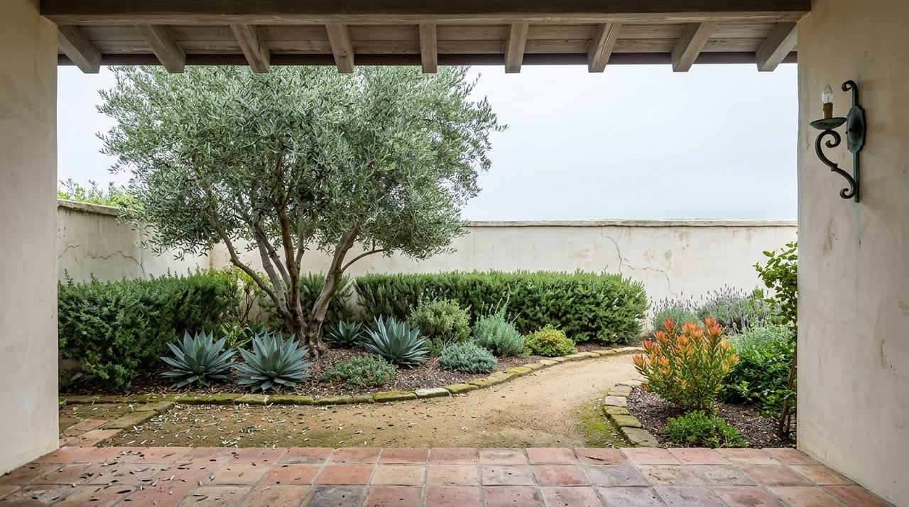 A side garden with a silvery olive tree, blue-grey agaves, a gravel path, and a low stucco wall.