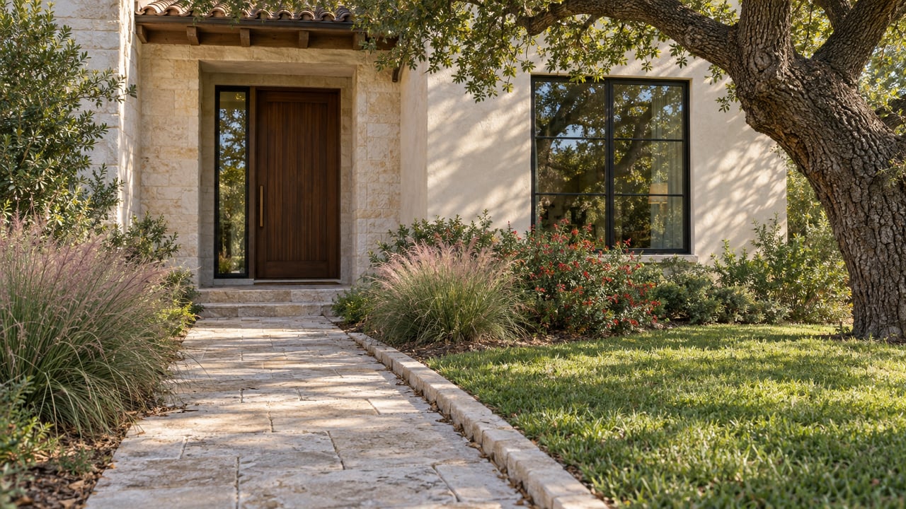 Limestone entry with dark oak door beside a narrow garden path beneath a twisting oak tree.