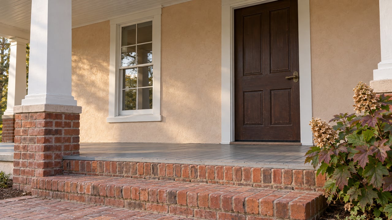 Sunlight across a pale peach stucco porch with white columns, a timber door, brick steps and an oakleaf hydrangea.