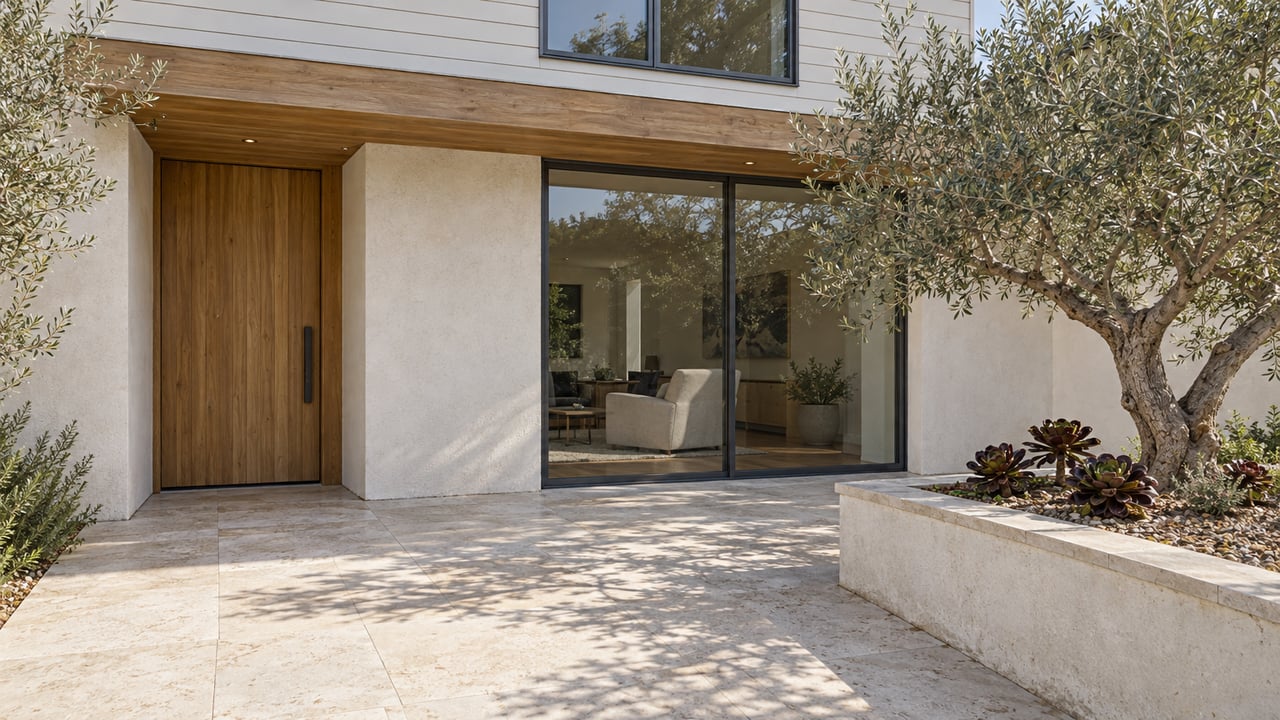 Sunlit residential entry with pale siding, cedar door, limestone paving, and an olive tree in a raised masonry planter.