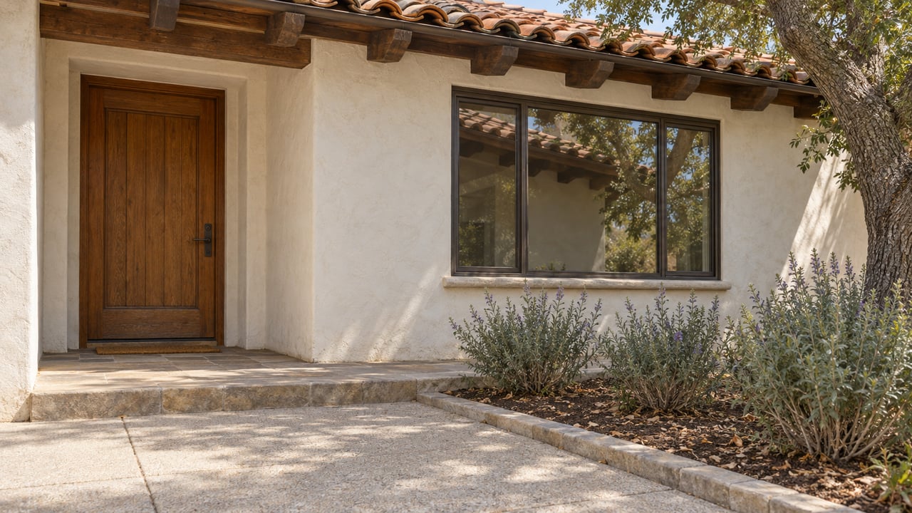 Cream stucco home entry with an oak door, shaded window, weathered terracotta roof and stone-edged native planting bed.